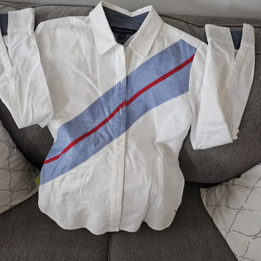 Tommy Hilfiger White Button Down Shirt with Blue and Red Stripe - Picture 3 of 4